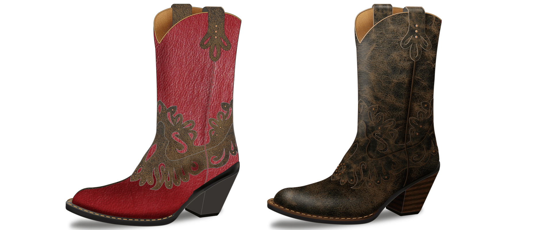 Two cowboy boots are shown: the left boot is red with brown detailing, and the right is an all brown