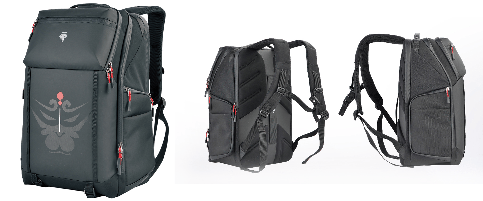 A sleek black gaming backpack. It features red accents.