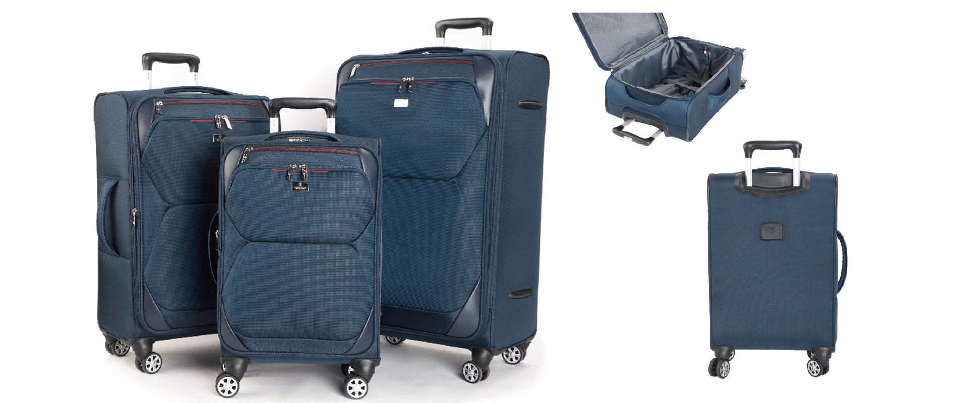 Three navy blue suitcases of varying sizes, each with multi-directional wheels and telescopic handle