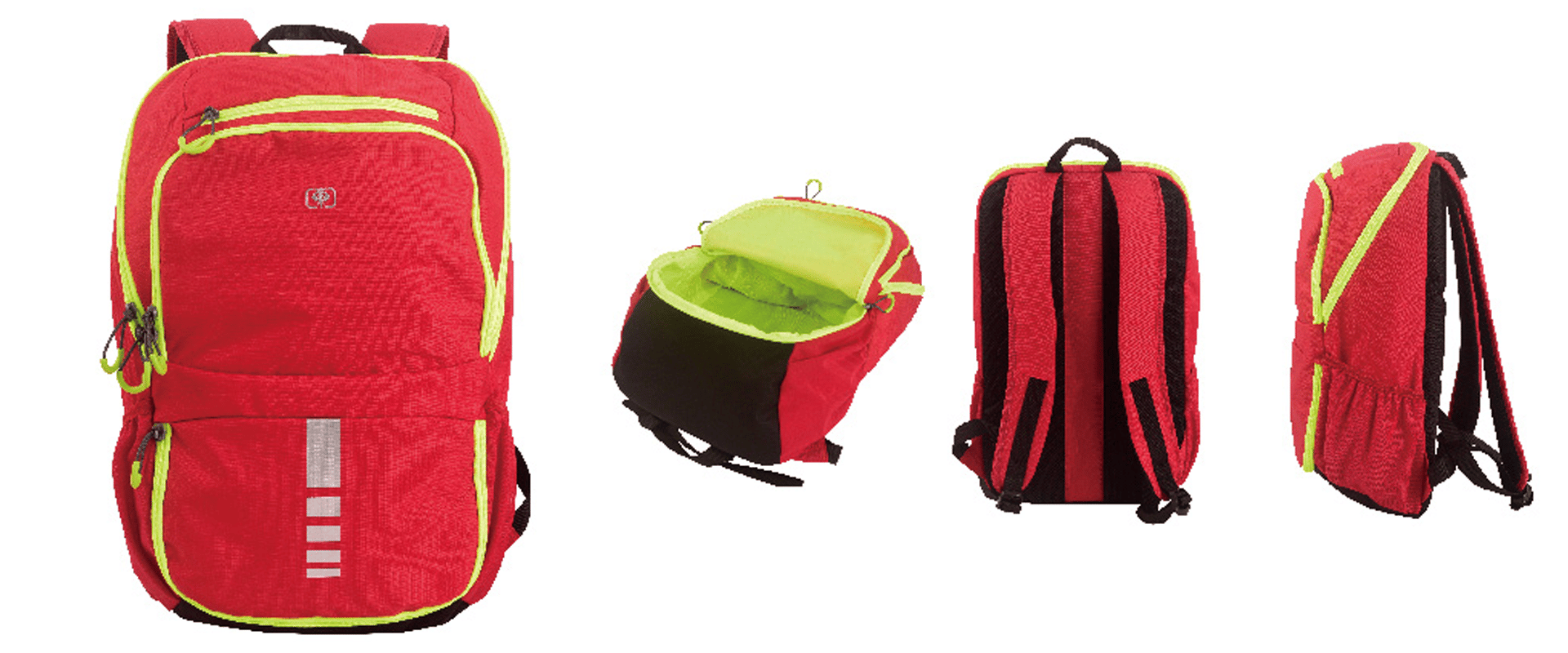 Red backpack with yellow accents shown from four angles: front, open top displaying green interior.
