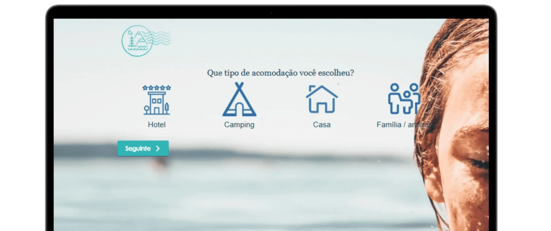 Booking website interface showing accommodation options like hotel, camping, and house on a laptop screen.