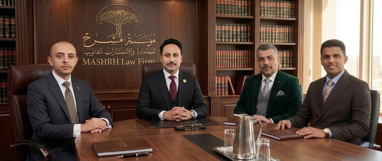 المحامي عبدالكريم مشرح مع الفريق القانوني بمؤسسة مشرح للمحاماة في صنعاء، اليمن - كبار المحامين والمس