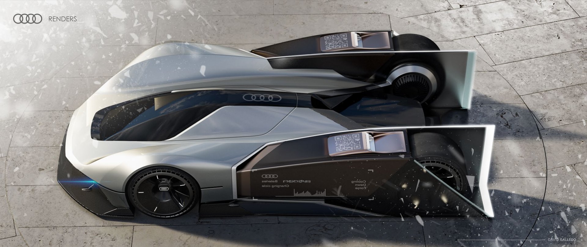 A futuristic silver Audi concept car rendering with aerodynamic bodywork and digital displays.