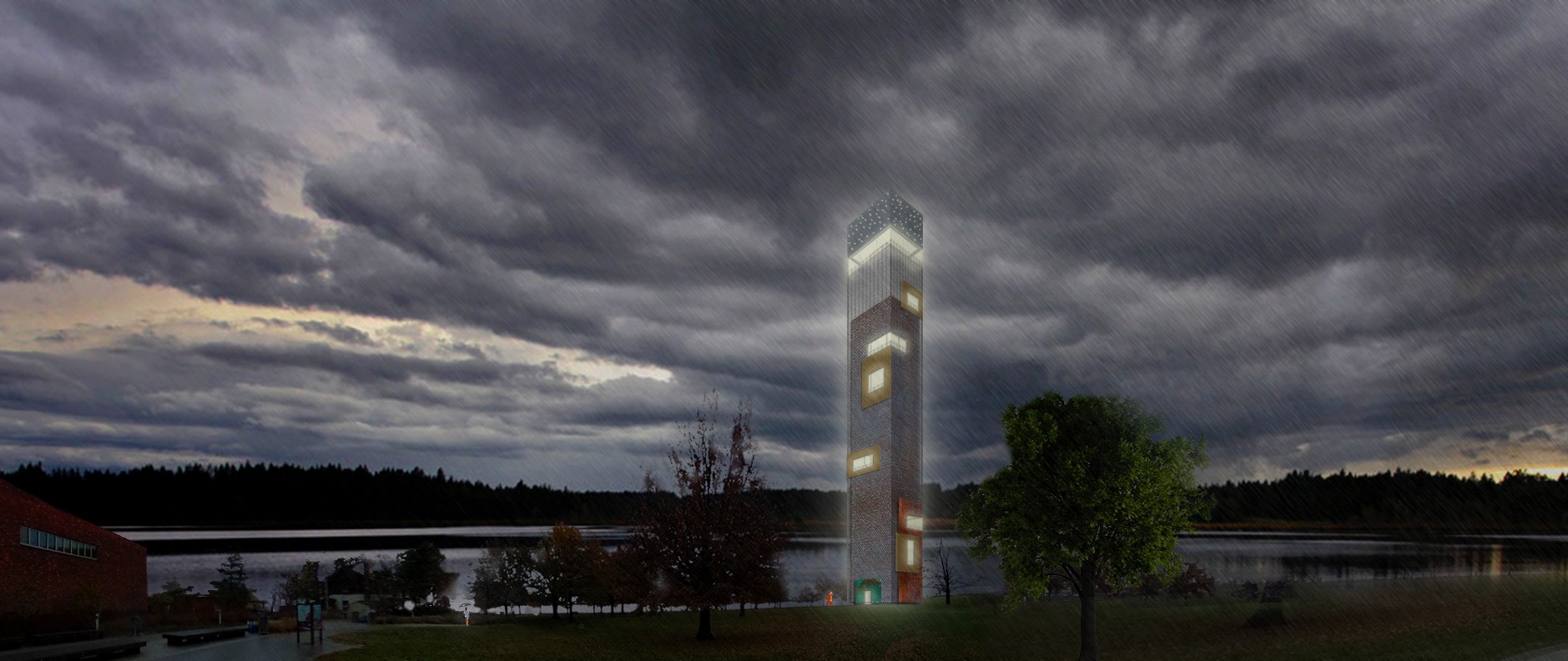 a rendering of a metal observation tower in the rain
