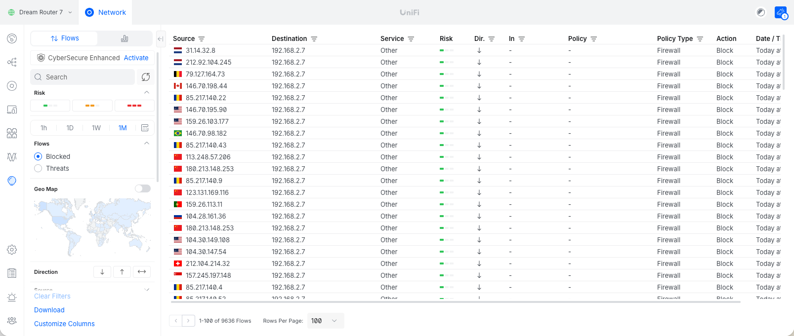 Ubiquiti UniFi network dashboard showing blocked traffic flows with source IP addresses and firewall policy actions.