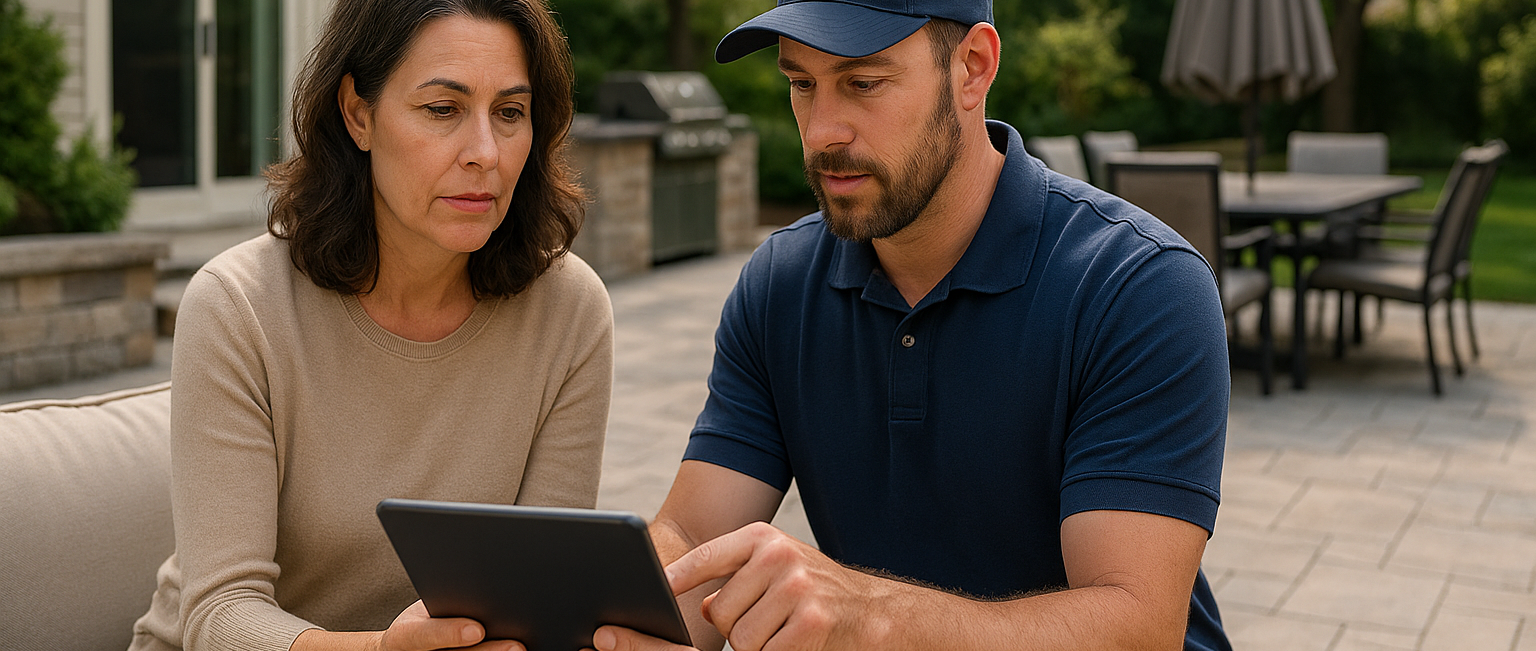 Homeowner and outdoor contractor reviewing project updates together on a patio with a tablet