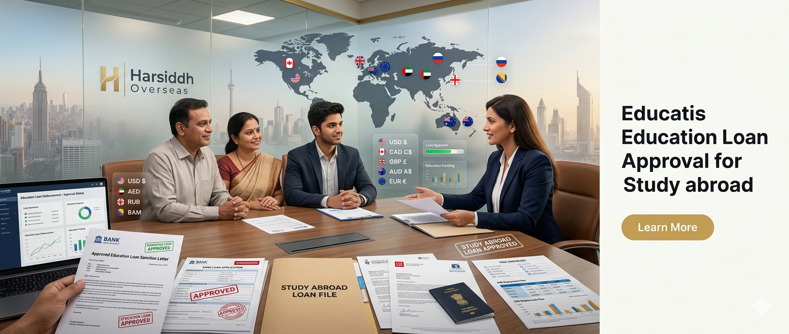 A family discusses study abroad education loan approval with a consultant in a modern office.