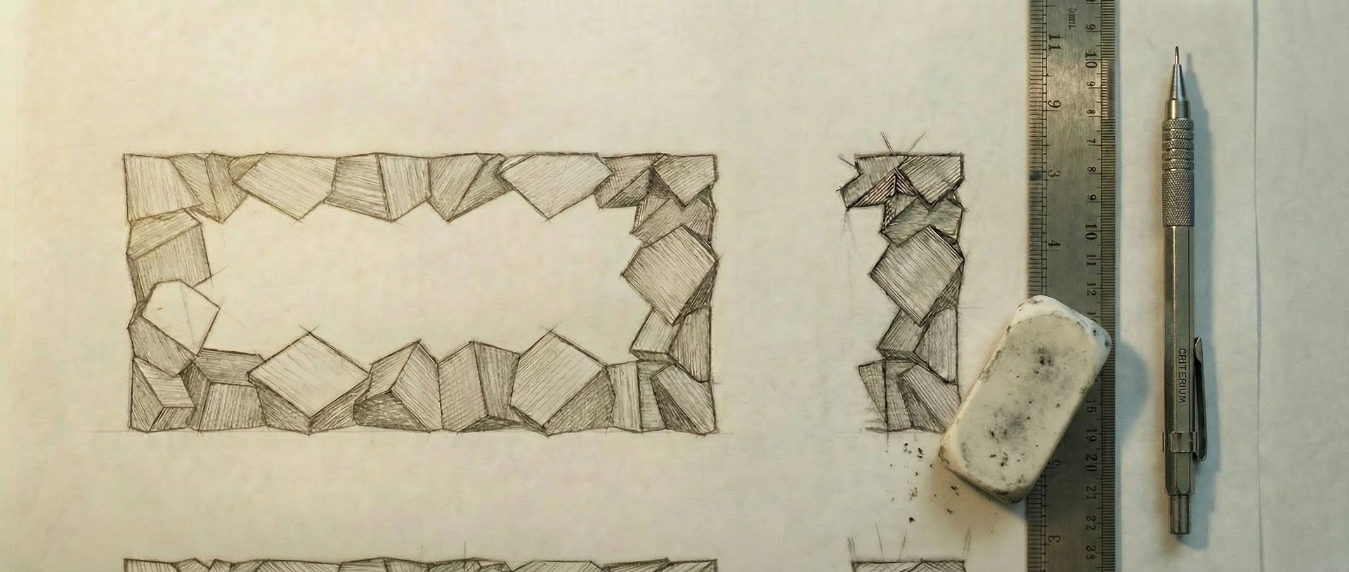 Pyrite Console sketch by Stanislas Garaud, eraser, ruler, mechanical pencil