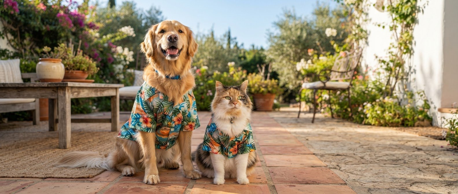 Golden amarillo con camisa playera y gato tricolor con playera fresca
