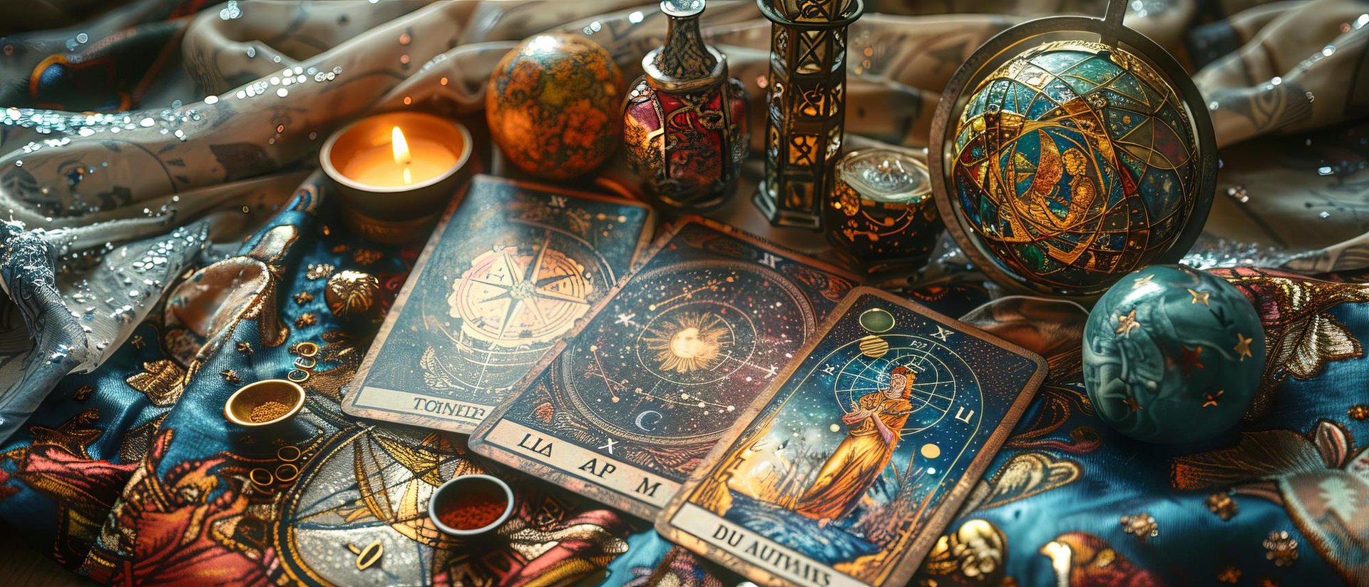 a table with a lot of different items and candles