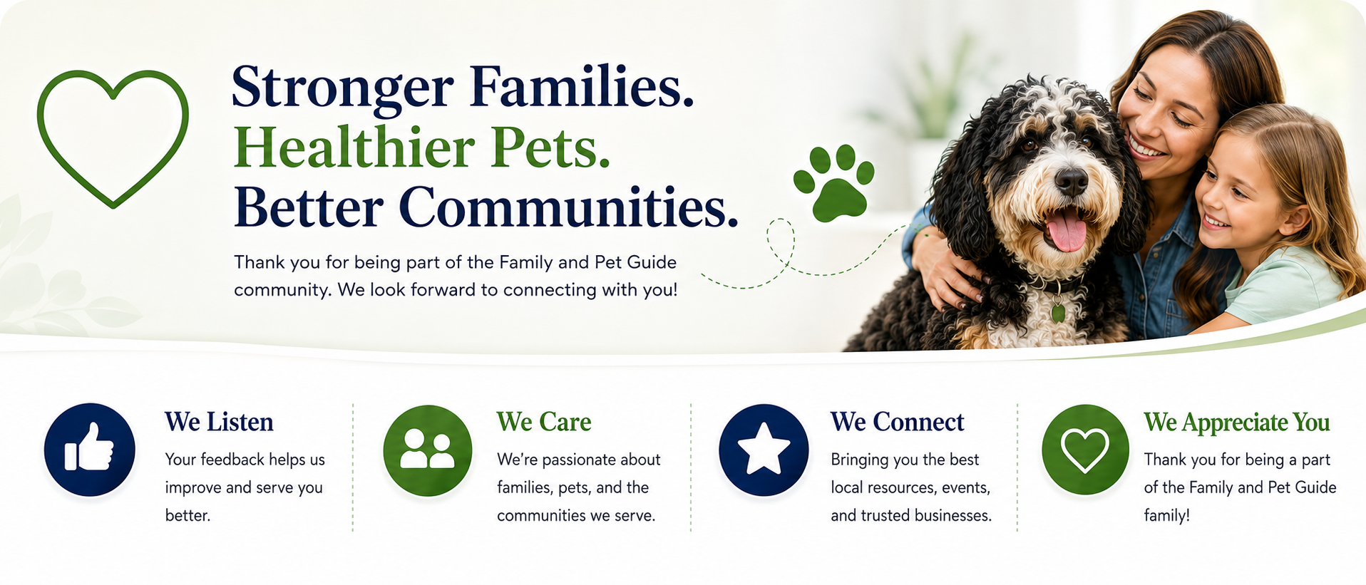 A smiling family hugging their fluffy dog, representing community and pet care services.