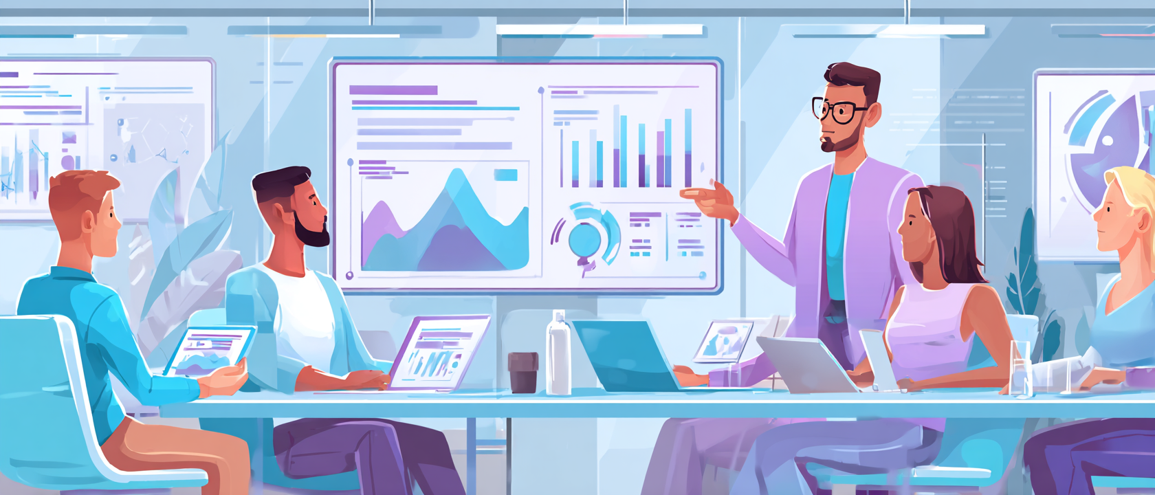 Data Analyst presenting findings with visuals on a board