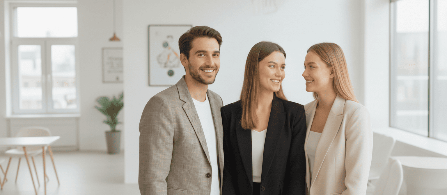Un grupo de tres personas sonrientes, un hombre y dos mujeres posando en un espacio luminoso