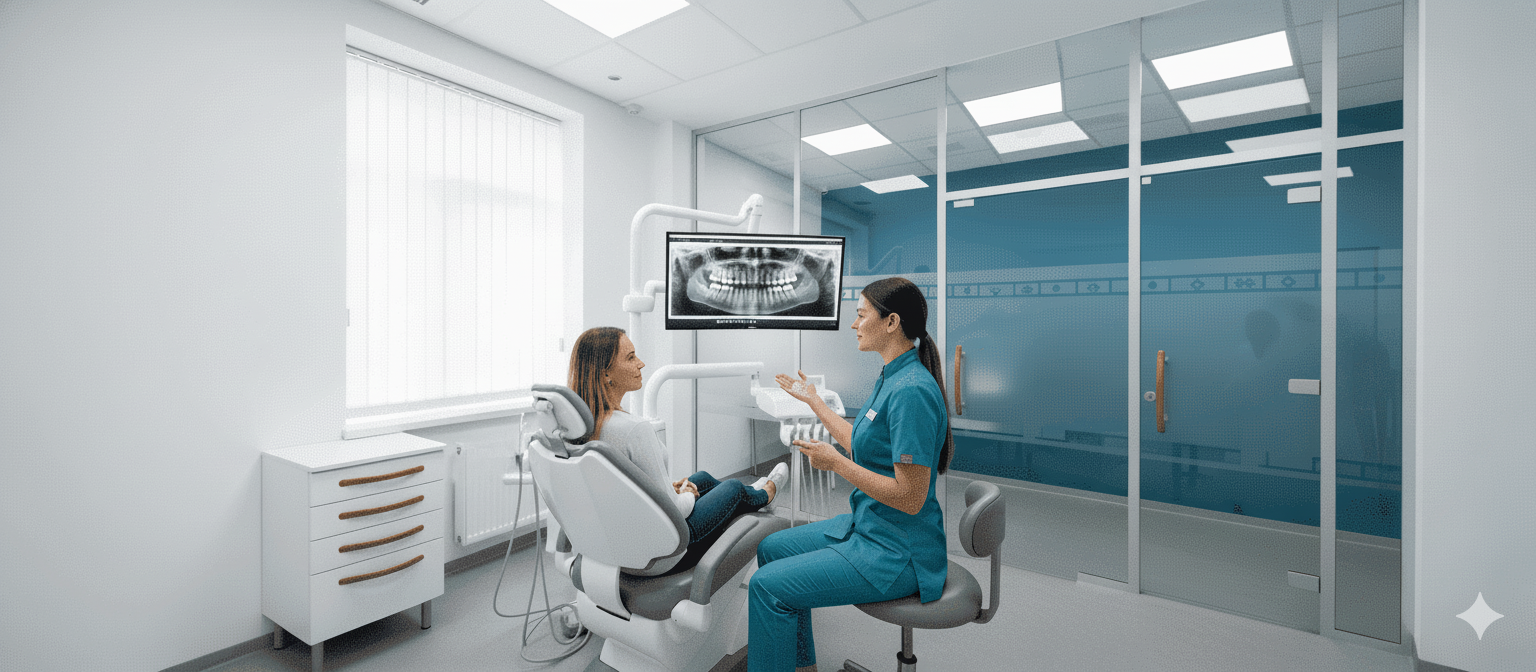 Una odontóloga explicando una radiografía dental digital a una paciente sentada en el sillón