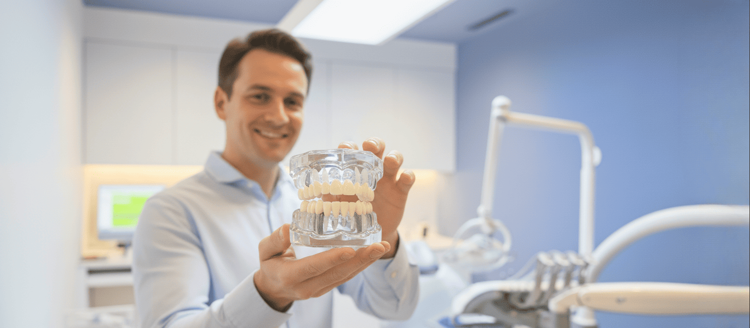 Un dentista sonriente sostiene un modelo transparente de una mandíbula con implantes dentales