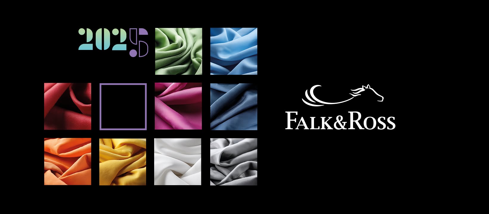 Falk and Ross 2025 collection banner featuring colorful fabric swatches in a grid layout.