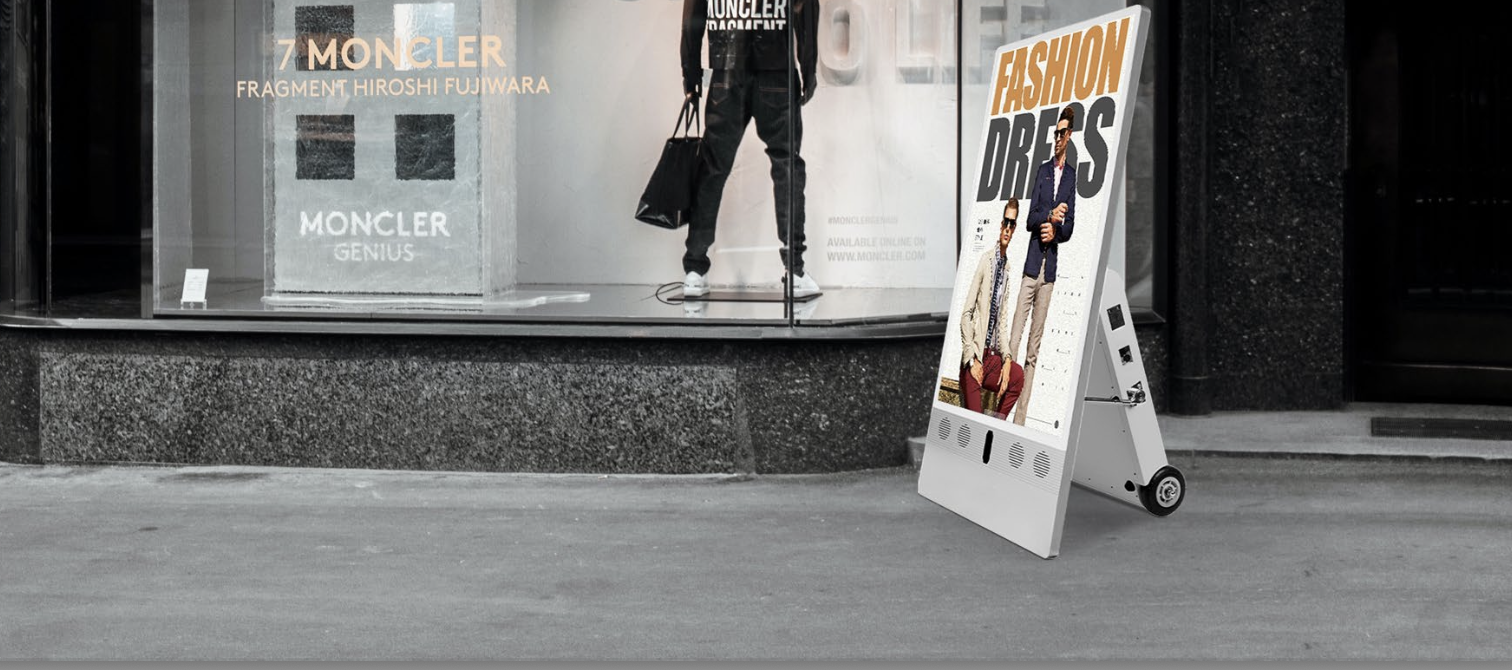 ClaraTech portable battery-powered outdoor A-frame digital signage with IP65 protection and optional