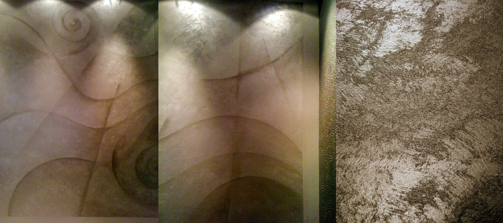 Three images depicting a luxurious grainy silver paint finish