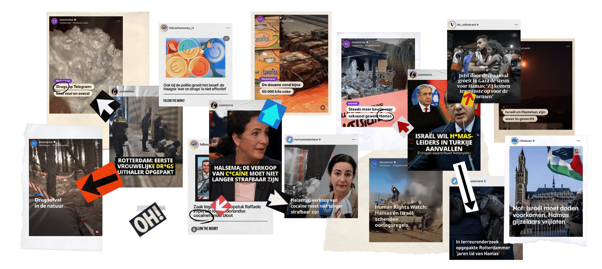 Collage van nieuwsberichten op sociale media van verschillende kanalen