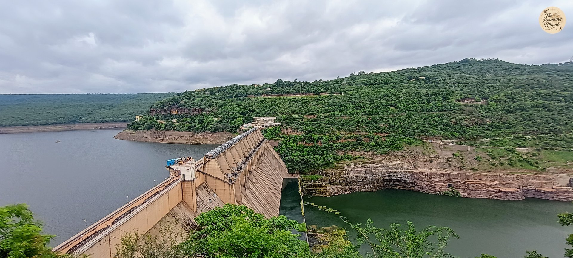 Scenic view of Srisailam Dam and the Krishna River from above.