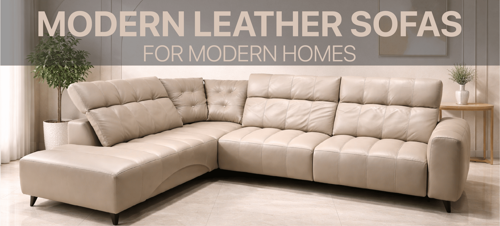 Contemporary beige leather l-shaped sectional sofa in a bright modern living room setting.