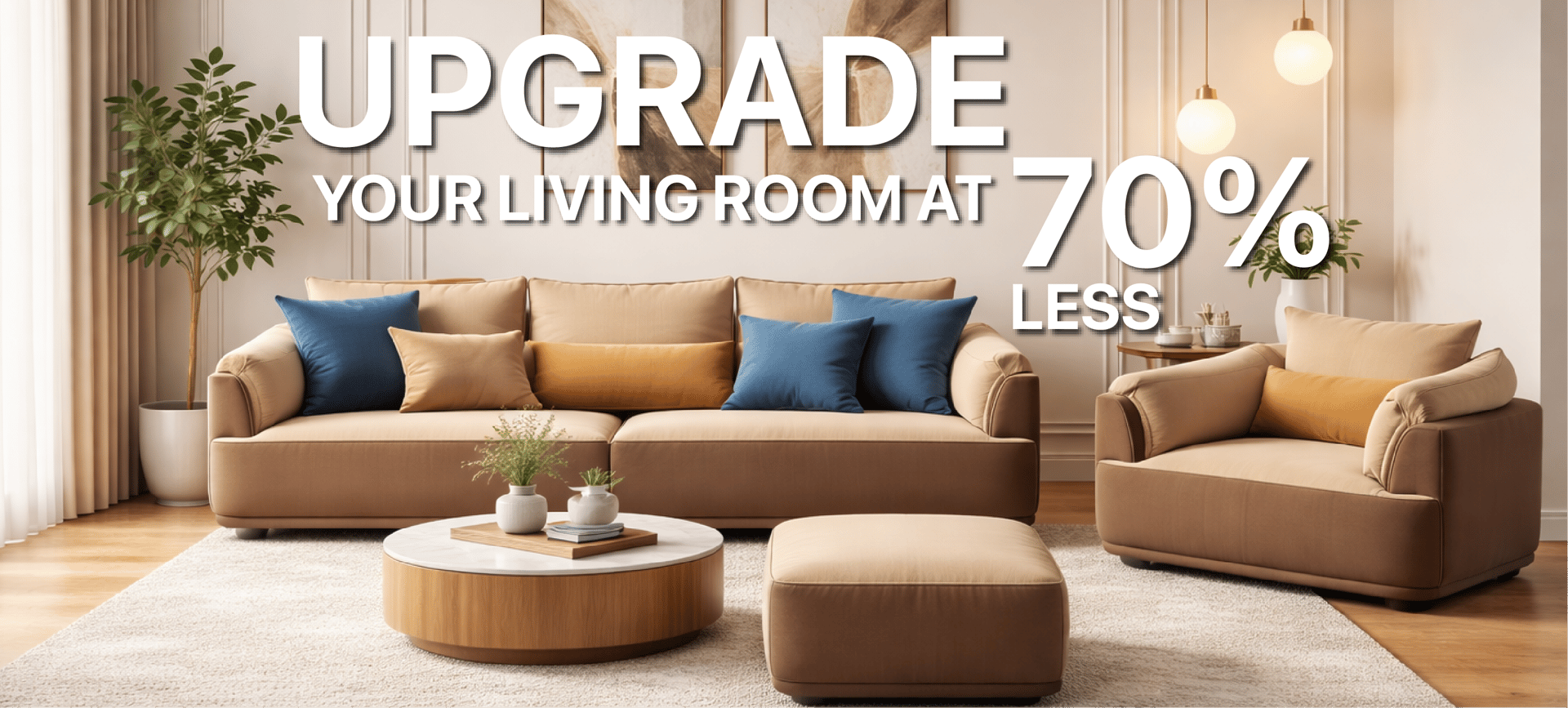 Modern living room furniture sale featuring a beige sofa set and marble coffee table at 70% off.