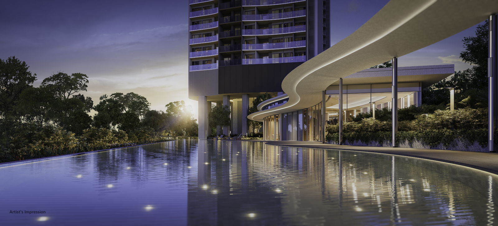 Iconic 36-storey modern luxury residential tower and grand drop-off lobby at River Green next to Gre