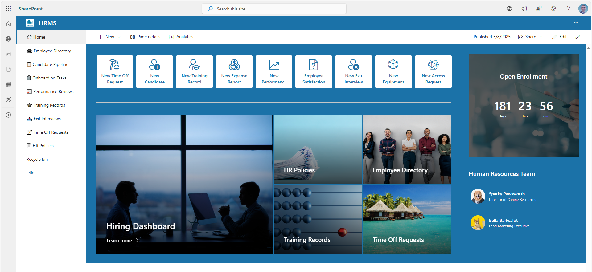 HRMS Site built on SharePoint and Office 365