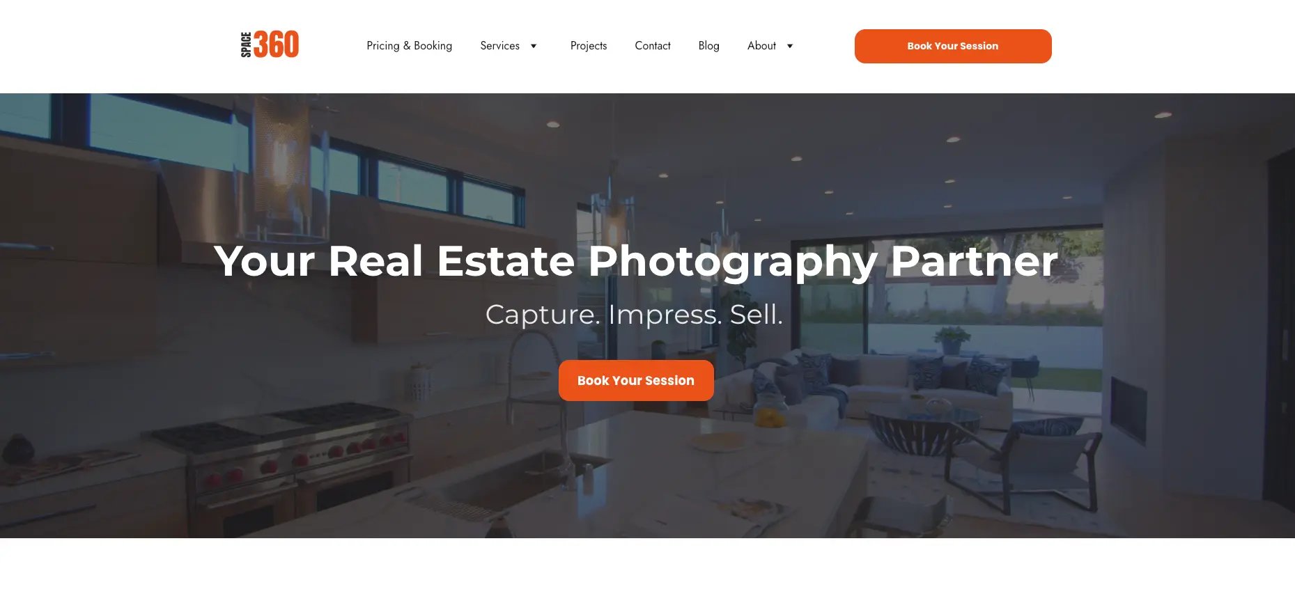 Space360 real estate photography homepage with hero image, booking button, and tagline Capture Impress Sell
