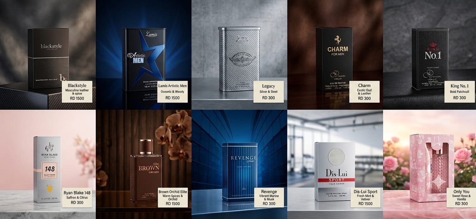 A vibrant collage of ten distinct perfume bottles, each displayed with unique packaging and branding, highlighting