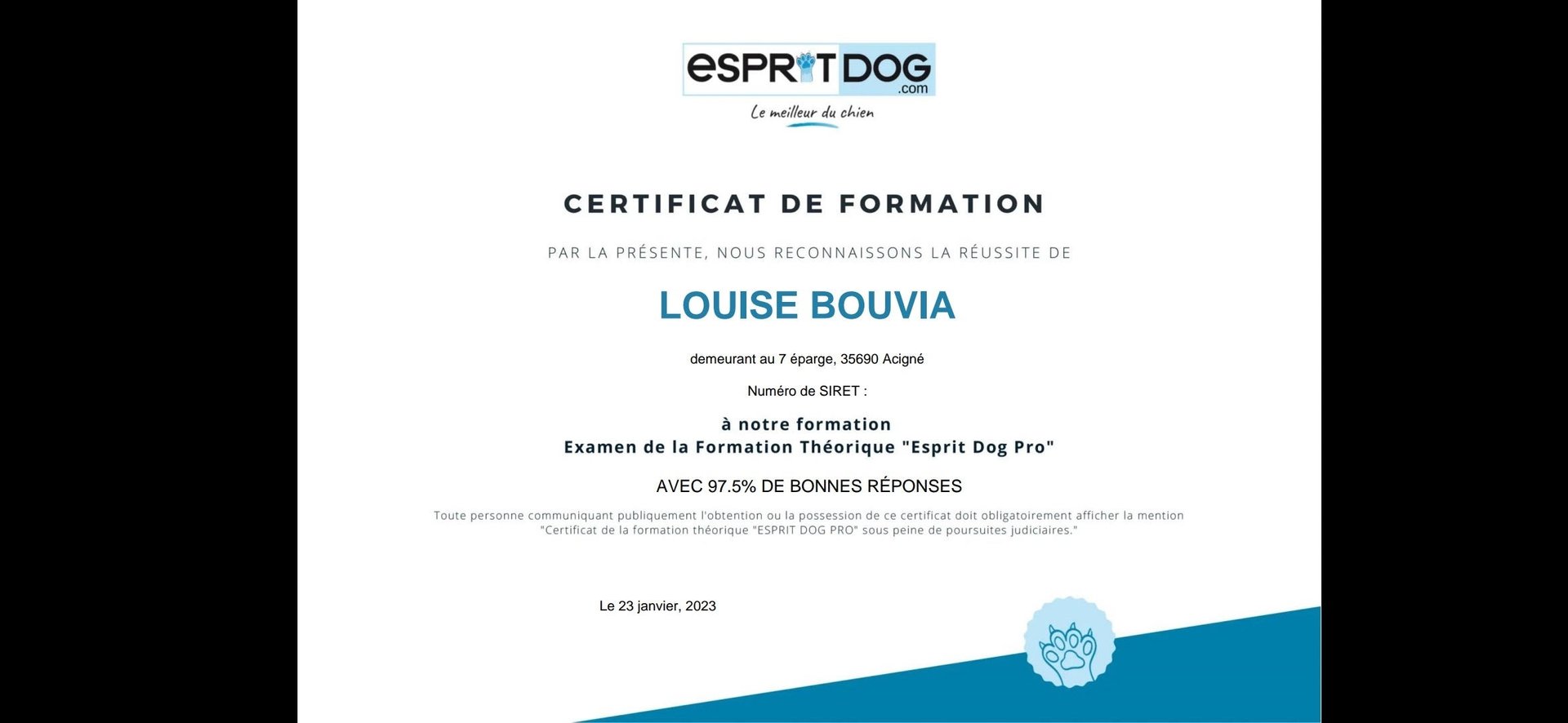 Certificat de formation théorique Esprit Dog Pro