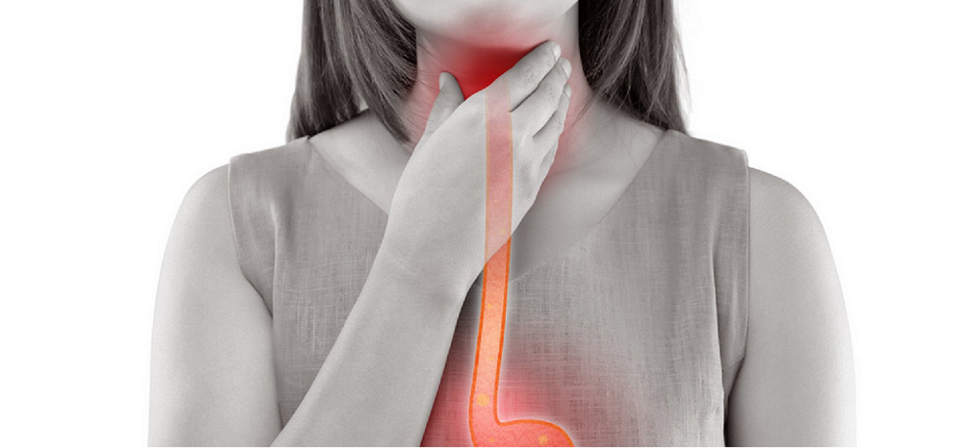 Woman with throat pain and a red arrow pointing to the illness.