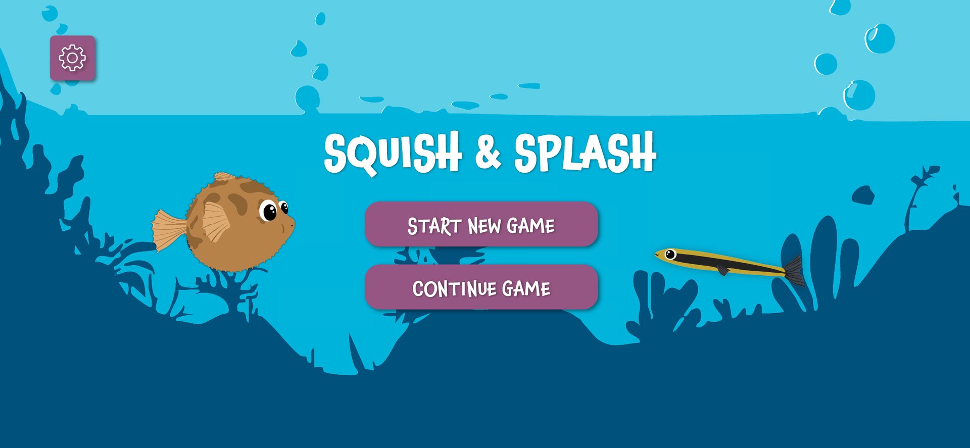 cover image for squish and splash, blue ocean themed background, cartoon fish