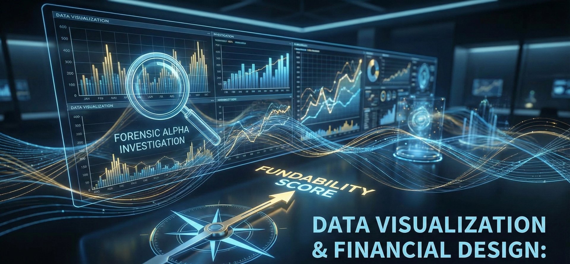 Futuristic financial dashboard featuring data visualization and forensic alpha investigation tools t