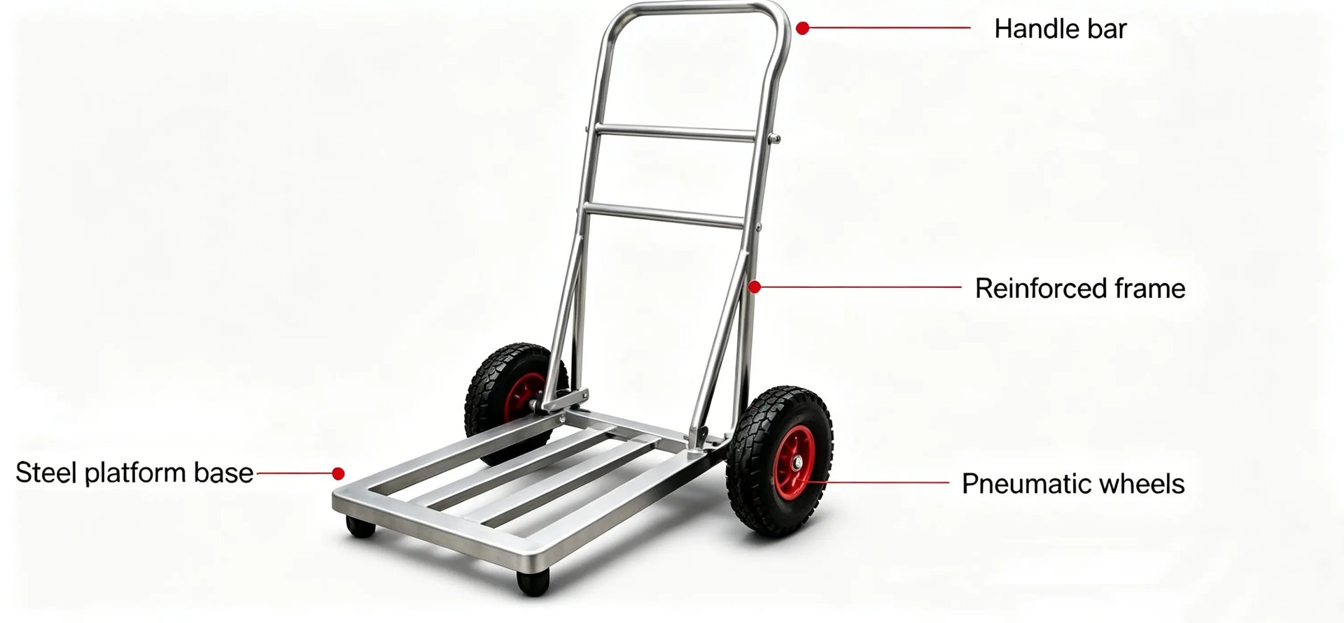 Heavy-duty steel platform hand truck with reinforced frame and pneumatic wheels for industrial moving.