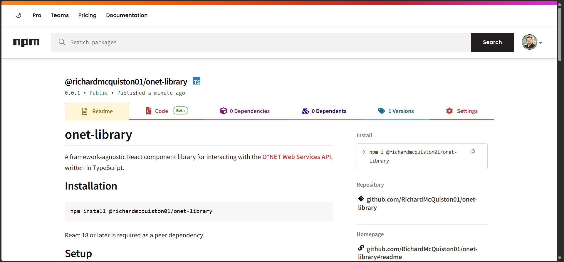Screenshot of the npm registry page for the onet-library React component library written in TypeScript.