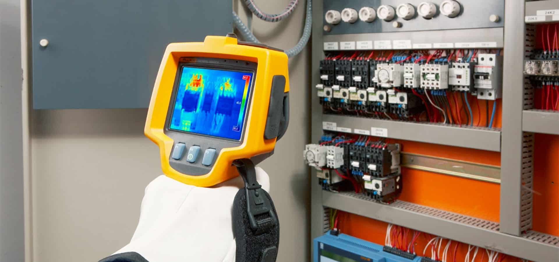 An electrician uses a thermal imaging camera to perform an infrared inspection on an electrical panel.