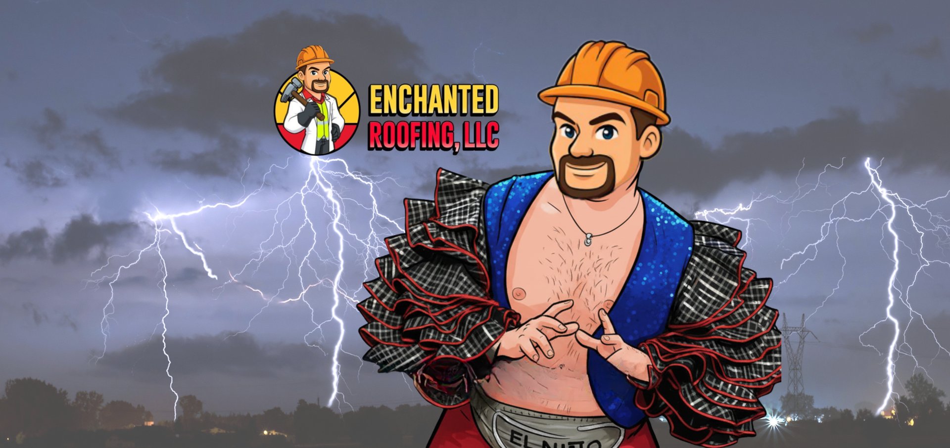 Enchanted Roofing LLC logo with a cartoon roofer over a lightning storm background.