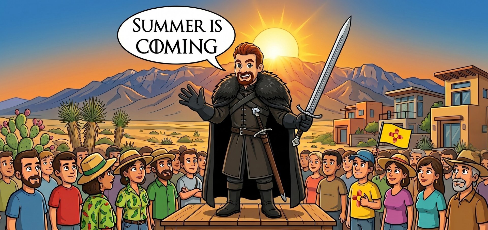 Cartoon man in Jon Snow costume saying Summer is Coming to a crowd in New Mexico.