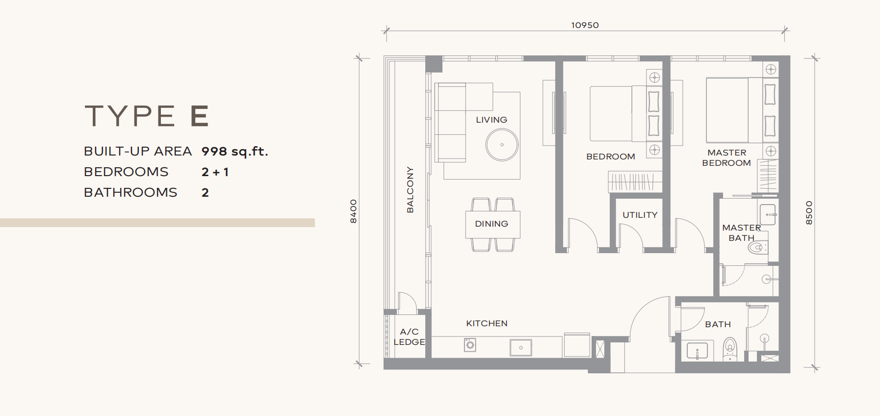 Type E 2+1 bedroom apartment floor plan with 998 sq.ft. layout including a balcony and master suite.