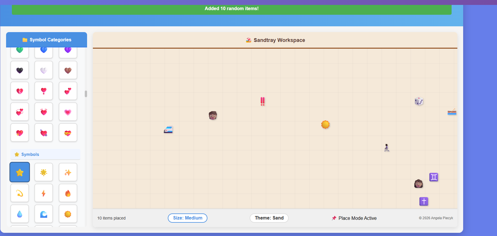 Virtual 2-player sandtray therapy tool showing collaborative workspace with therapeutic symbols for 