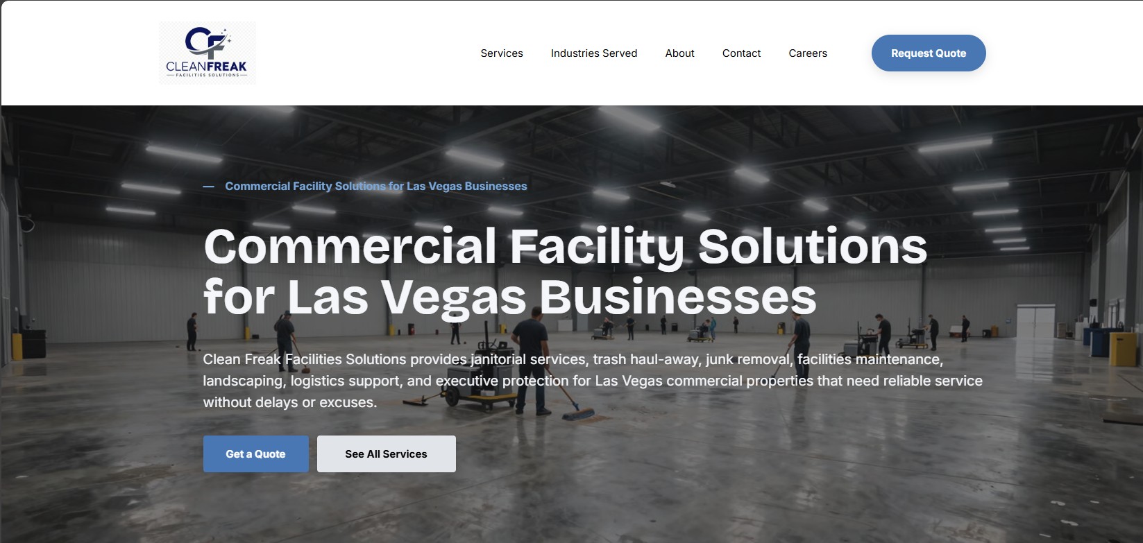 Clean Freak Facilities Solutions website showing a commercial facility service homepage for Las Vega