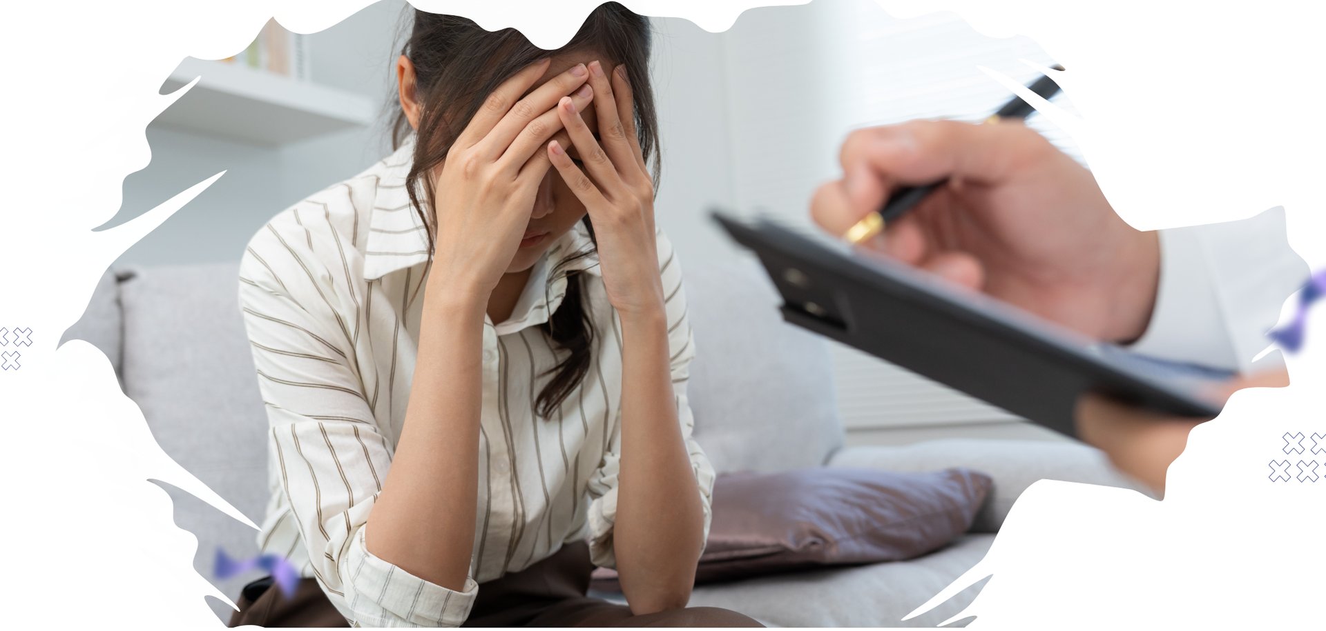 a woman with a pen and a man in a suit