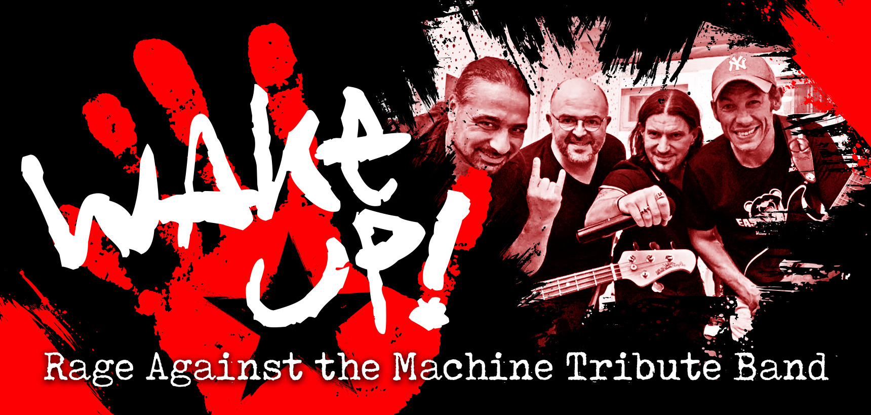 a group of people standing in front of a black and white banner