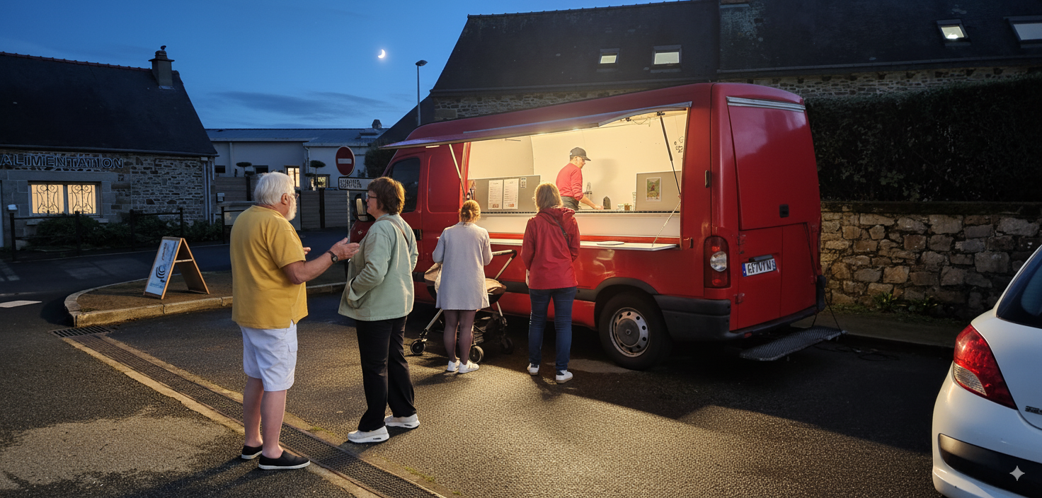 Clients dégustant des galettes et crêpes devant le Virginia Food Truck sur un marché nocturne 