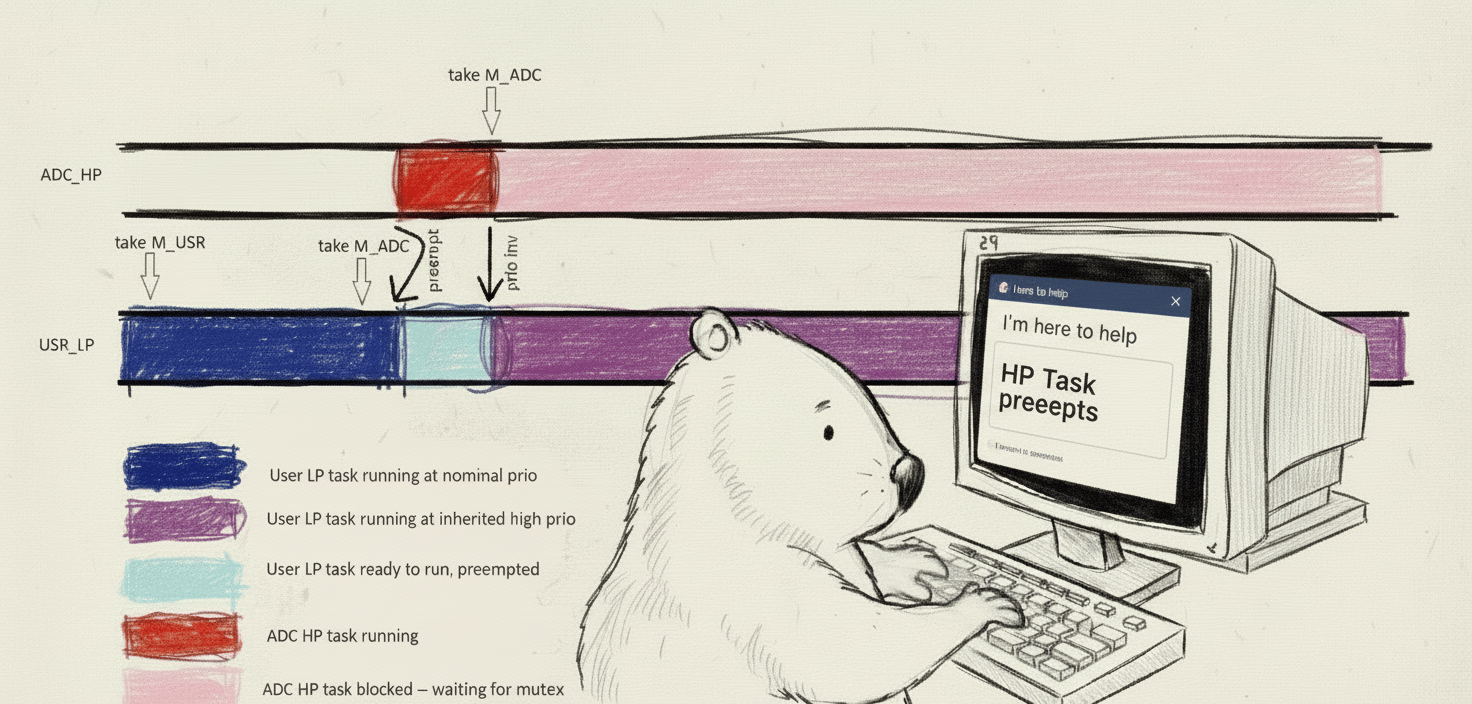 Task time diagram of RTOS priority inversion problem. wEMBat, PnC's tech pet asks AI for suggestions