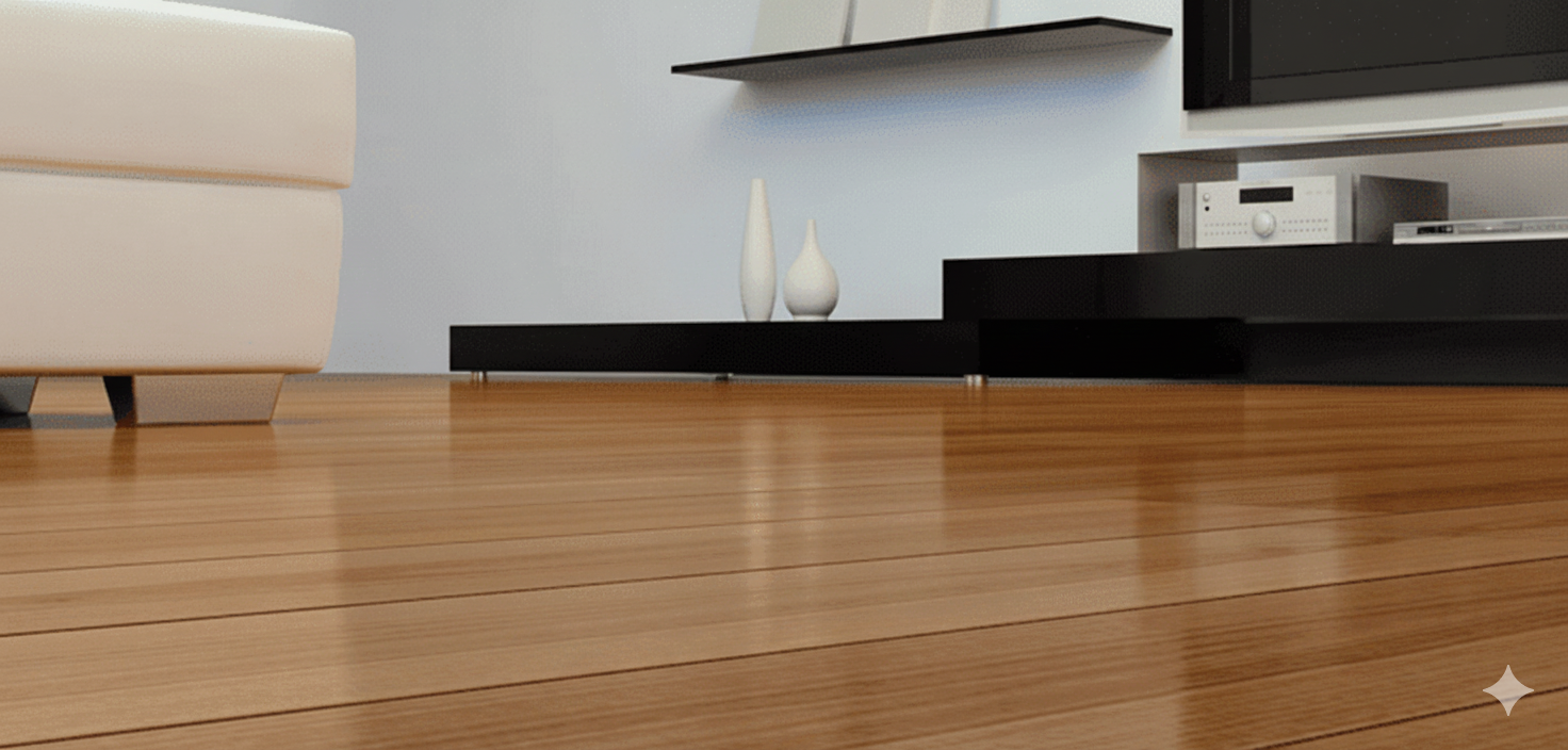 Polished high-gloss hardwood flooring in a modern living room with minimalist furniture.
