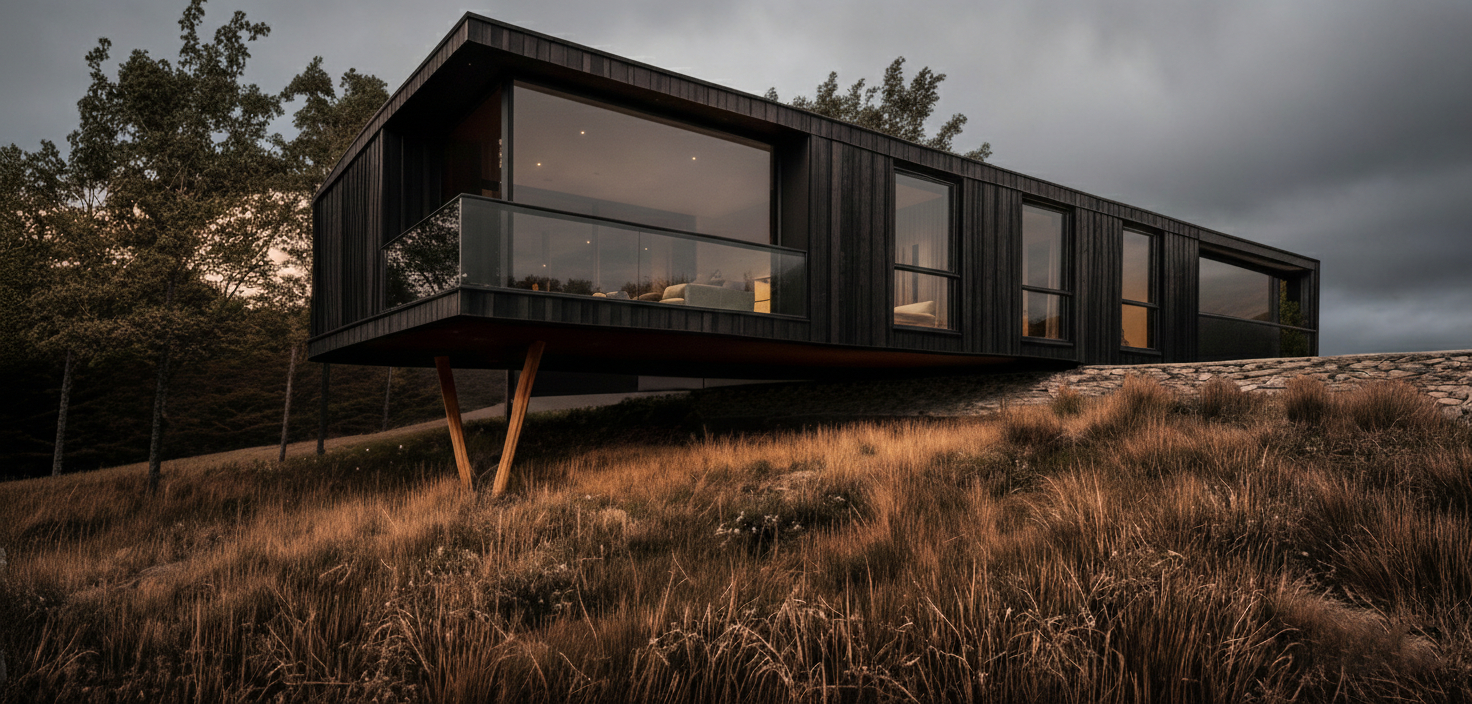Modern black cantilever home with large glass windows on a grassy hill under a moody sky.