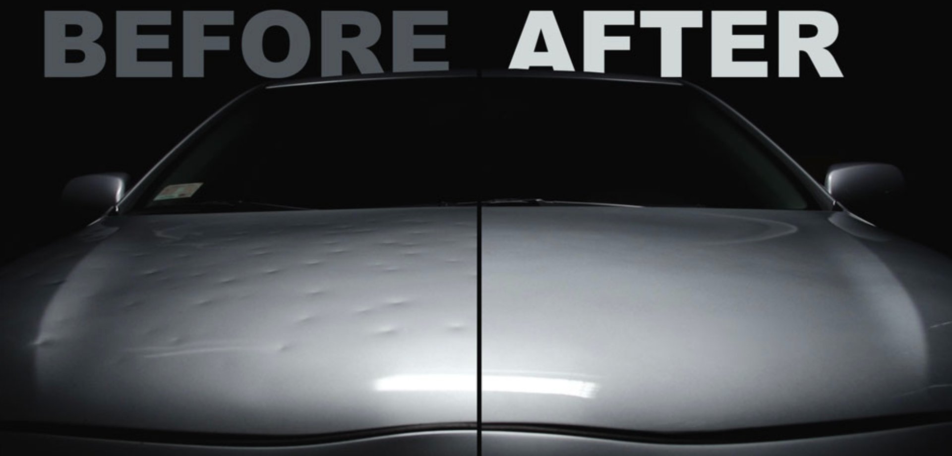 Before and after paintless dent repair comparison showing car hood hail damage restoration.
