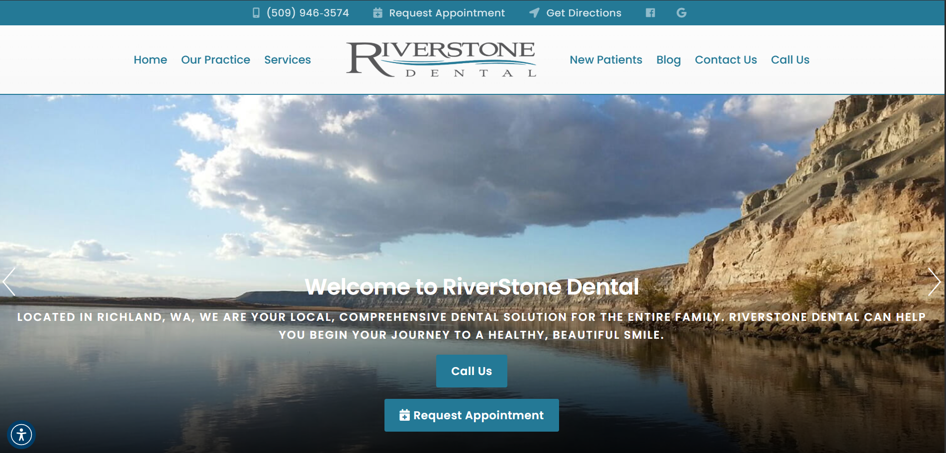 RiverStone Dental website header featuring a scenic river landscape in Richland, WA.